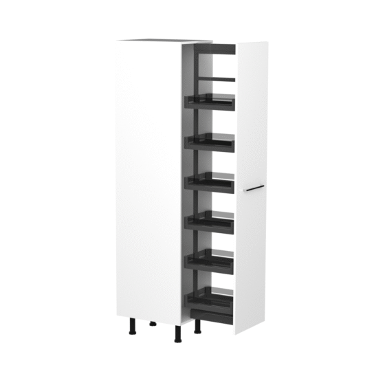 45cm-pull-out-pantry:linen-cupboard-sky-chrome-handel-open 45cm-pull-out-pantry:linen-cupboard-sky-chrome-handel-open